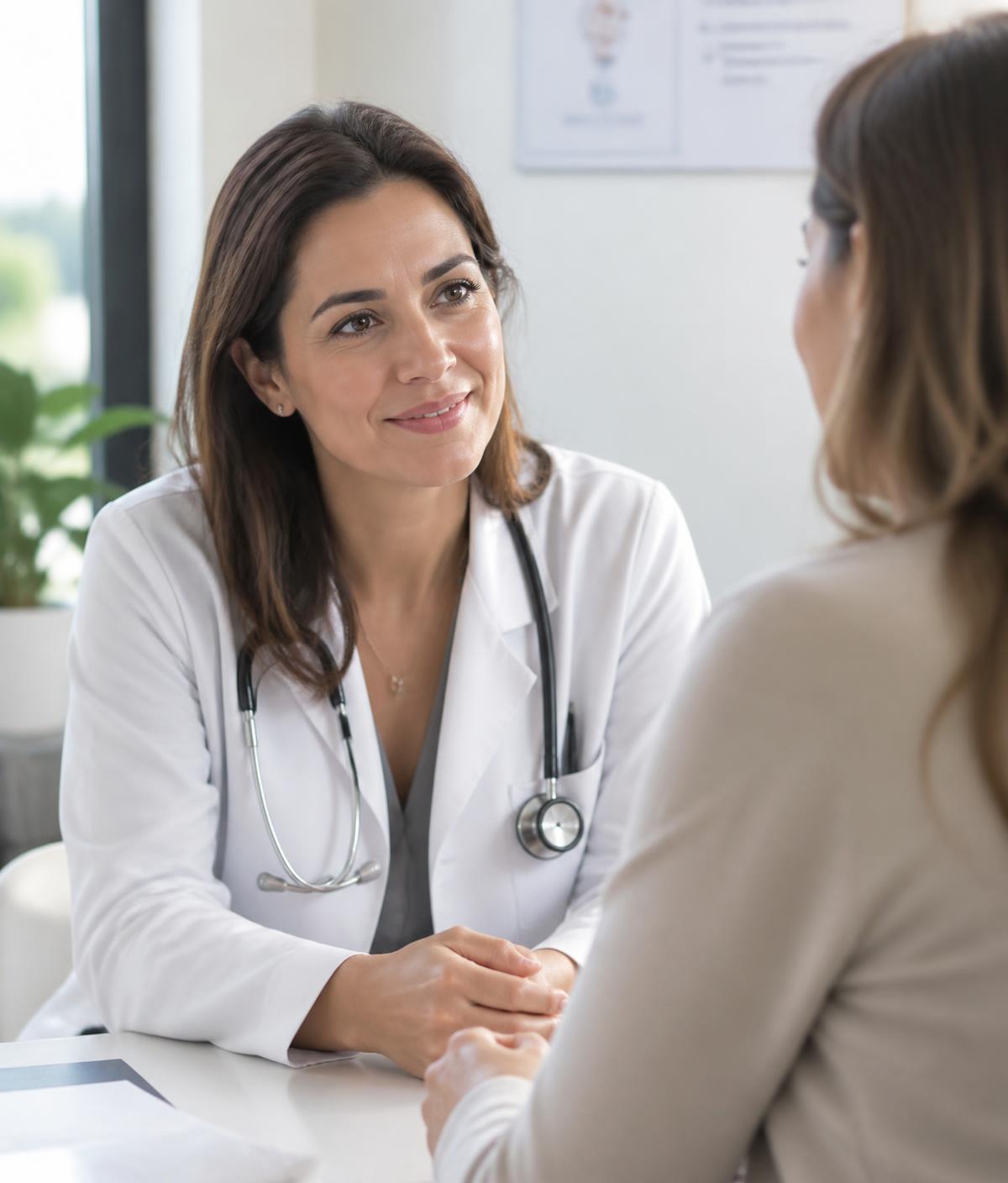 Médica conversando com paciente em consultório claro